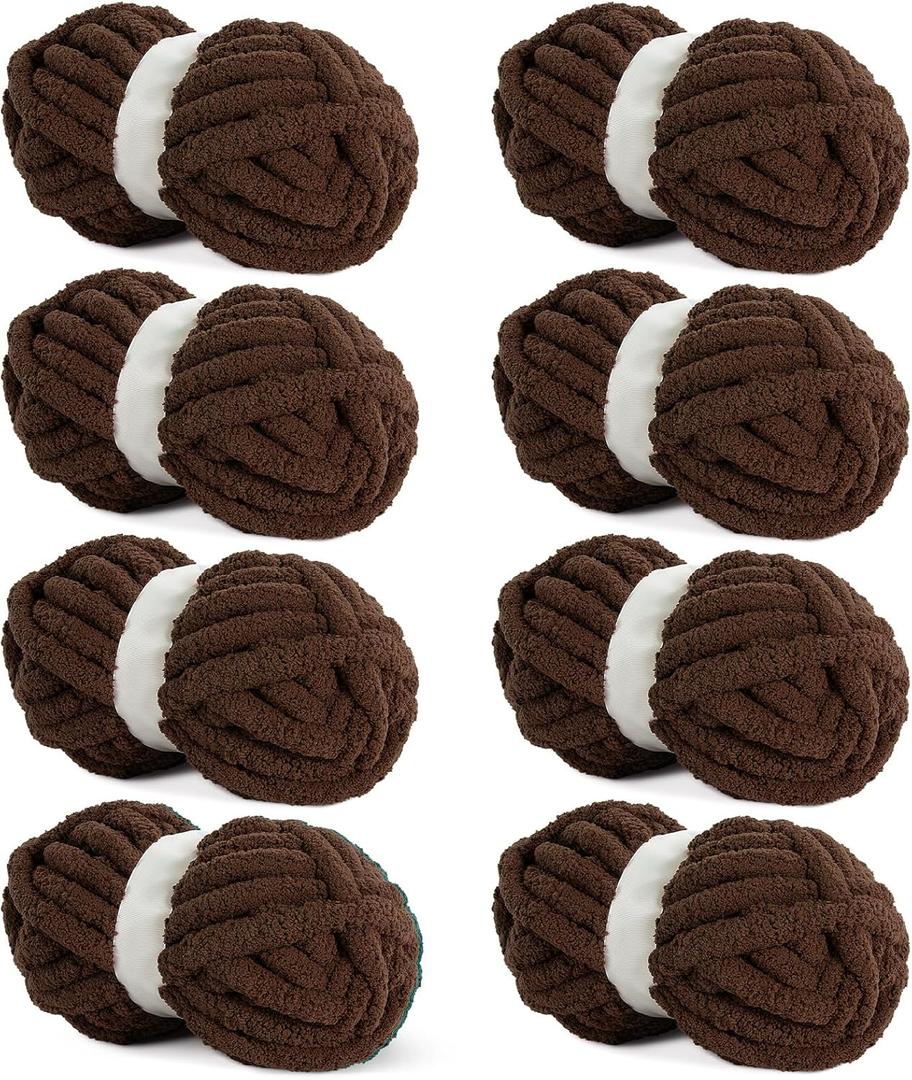HOMBYS Dark Coffee Chunky Chenille Yarn for Crocheting, Bulky Thick Fluffy Yarn for Knitting,Super Bulky Chunky Yarn for Hand Knitting Blanket, Soft Plush Yarn, 8 Jumbo Pack (27 yds,8 oz Each Skein)
