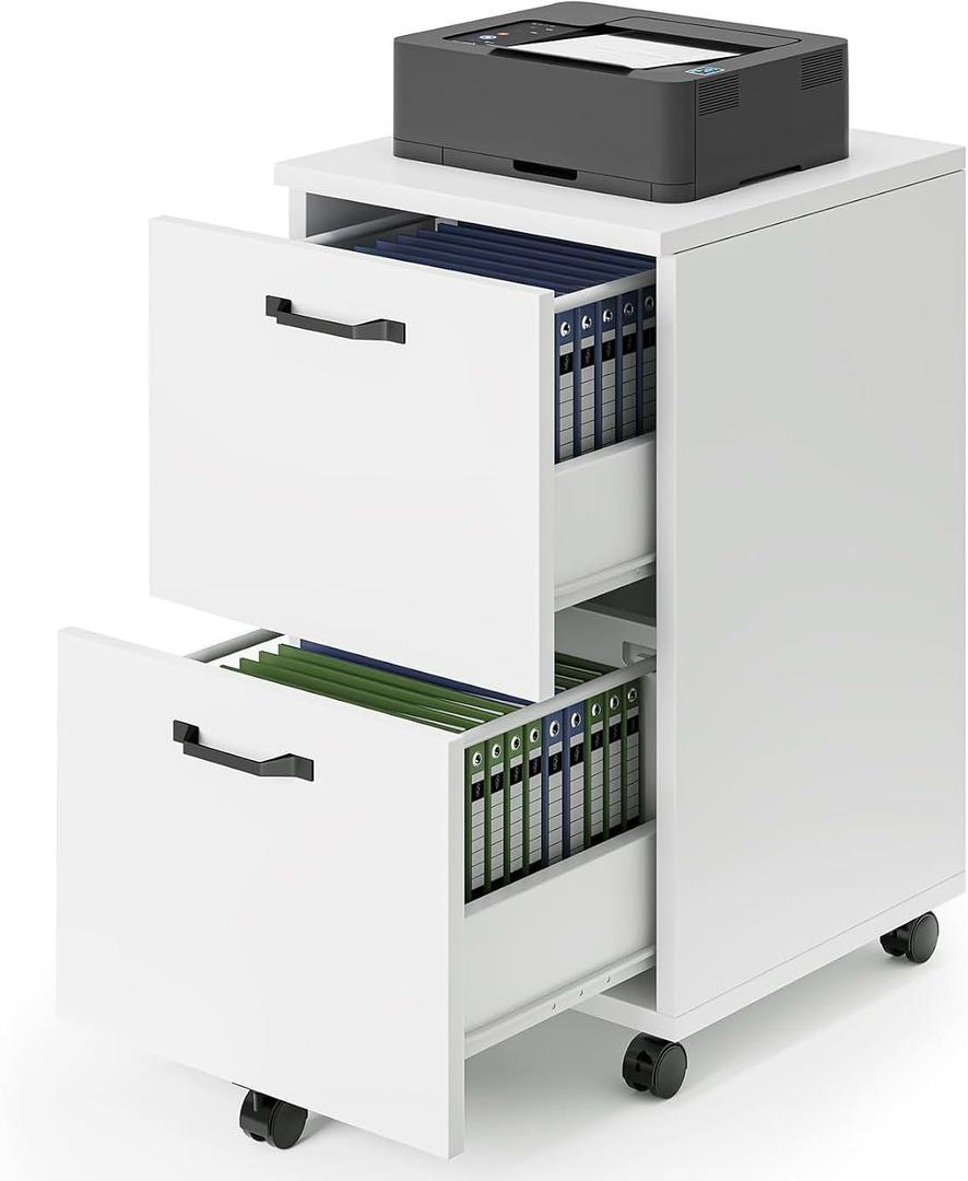 DUMOS 2 Drawer Rolling File Cabinet, Small Wood Filing Cabinet, White, 15.7"D x 16.5"W x 27.6"H