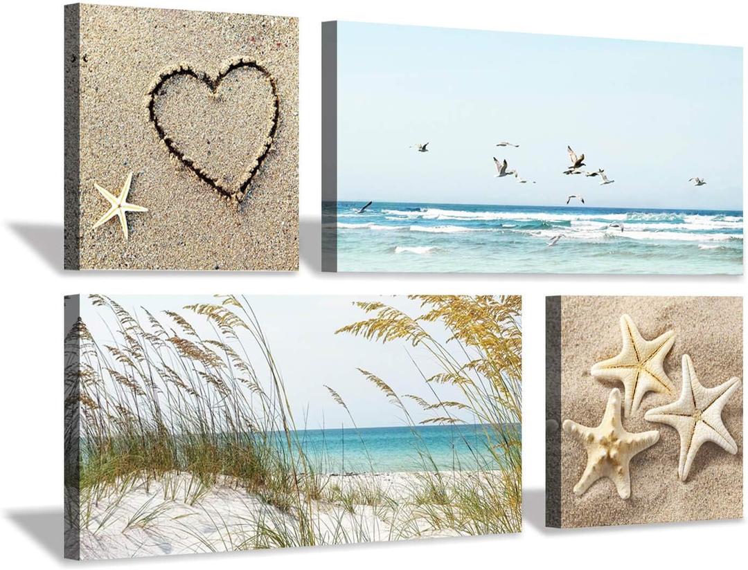 Coastal Wall Art Seascape Artwork: Sea Grass and Starfish on Beach Canvas Painting for Living Room (16'' x 16'' x 2 Panels + 32'' x 16'' x 2 Panels)