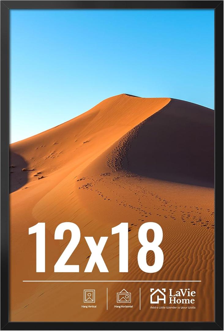 LaVie Home 12x18 Picture Frame for Wall Display, 12x18 Black Picture Frame with HD Plexiglas, 12 x 18 Poster Frame 1 Pack, Display Frame for Vertical or Horizontal, Classic Collection