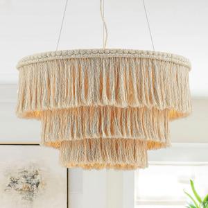 24” Fringe Chandelier with Tassels 3-Tier Boho Hand Woven Pendant Light for Dining Room Kitchen Island Living Room Foyer, UL Listed