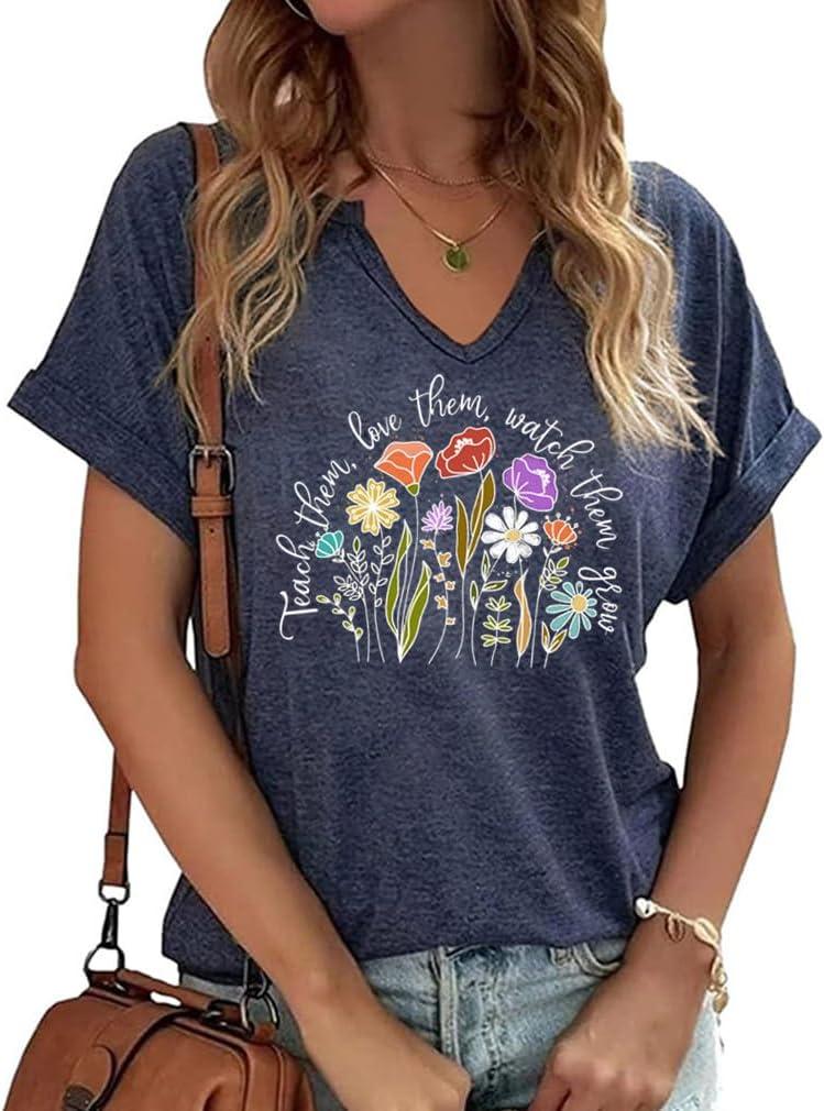 Teacher Shirts for Women Teach Them Love Them Watch Them Grow Wildflower T-Shirt Summer Inspirational Tops Teacher Gifts(Navy-5,M)