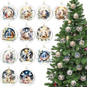 12 Pcs 3 Inch Christmas Nativity Scene Ornaments Christian Christmas Ornament Religious Jesus Ornament Floral Style Acrylic Double Sided Hanging Decor for Xmas Tree Gift(Romantic Design)