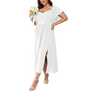 SCOMCHIC Women Plus Size Dresses Short Sleeve Sweetheart Neckline Wedding Guest Cocktail Smocked A Line Slit Maxi Dress White, 24W