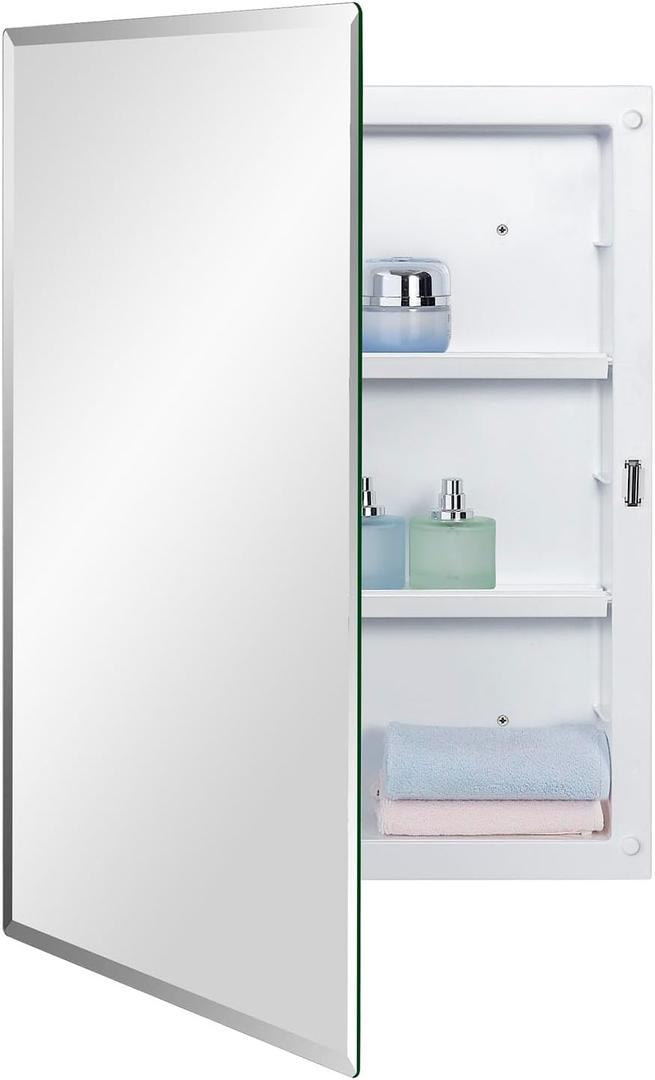 Plastic Bathroom Medicine Mirror Cabinet 16 x 22 inch, Surface and Recessed Mount, Beveled Edge Mirror (White)