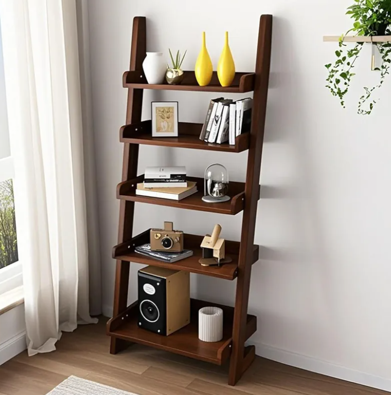 5-Tier Wooden Ladder Shelf Bookcase, H 55" Walnut Ladder Bookshelf Freestanding Storage Shelves Rack Organizer for Living Room, Home Office and Bedroom