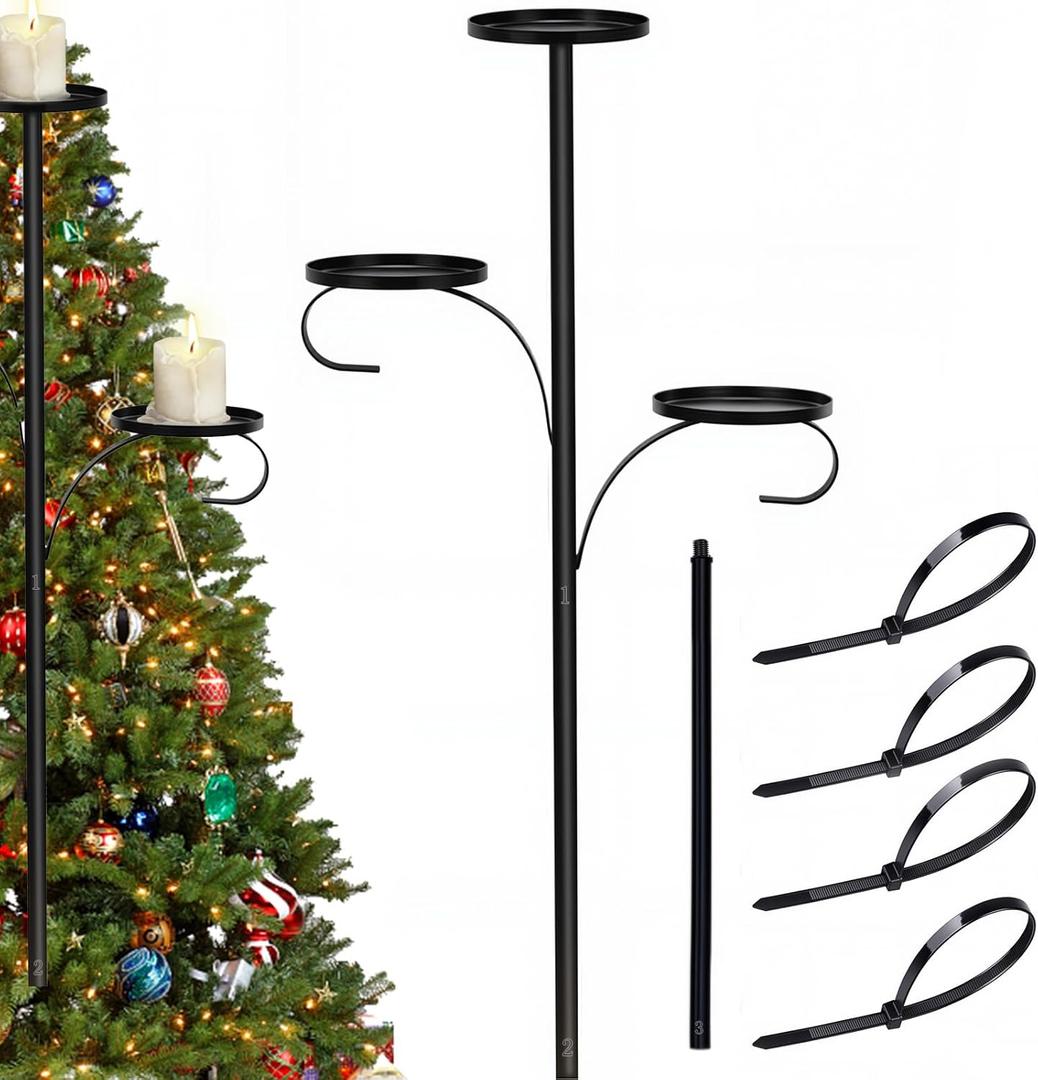 Christmas Tree Candle Holder for Big Flameless Candles, 32.4 Inch Black Triple Shelf Christmas Tree Topper, Candle Tree Topper Holder, Christmas Tree Decorations for Candles, Gift Boxes