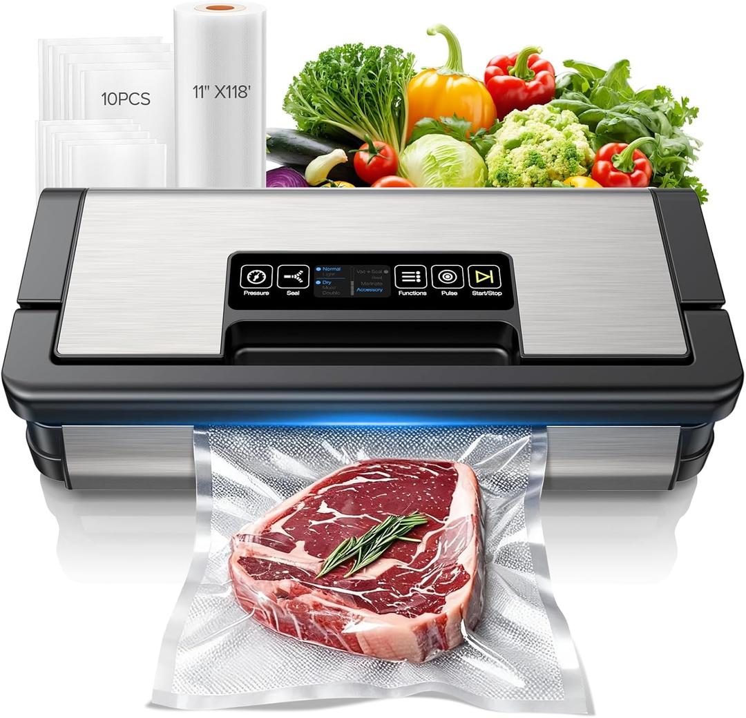 95kPa Vacuum Sealer Machine, Fully Automatic Food Sealer, Touch Display, 10-in-1 Functions & Powerful Sealing System with Double Heat Seal, Easy-Lock Handle, Built-in Cutter(Deep Gray)