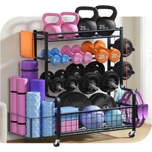 4 Tiers Large Capacity Dumbbell Rack [Thickened High-Strength Steel] Home Gym Storage for Dumbbells Kettlebells Yoga Mat and Balls, All in One Workout Storage Rack with Wheels and Hooks