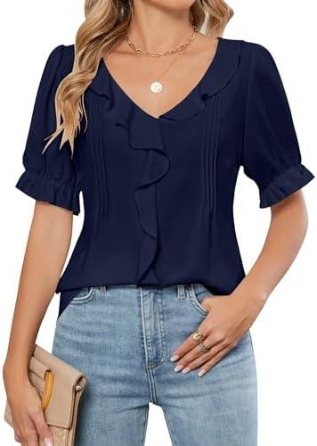 Blooming Jelly Womens Dressy Casual Blouse Business Short Sleeve Shirt Ruffle Pleated V Neck Work Summer Tops 2025 S Color: Deep Blue