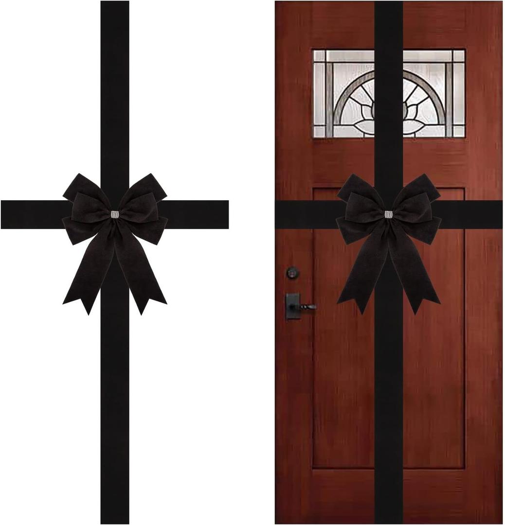 Meseey Large Christmas Velvet Black Cabinet Door Ribbon Bows Gate Door Christmas Wreath Bow Festival Wrapping Decorations for Christmas Tree Fireplace Home Front Door Party Supplies (Black, 1)