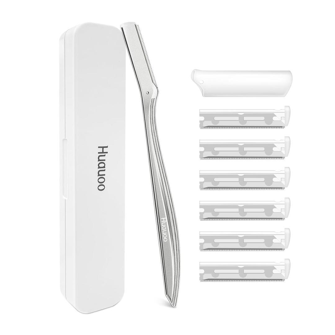 Dermaplane Razor for Women Face, Stainless Steel Handle with 6 Replaceable Blades, Huauoo Face Razors for Women, Peach Fuzz Remover, Eyebrow Trimmer, Dermaplaning Tool for Face Exfoliation (Silver)
