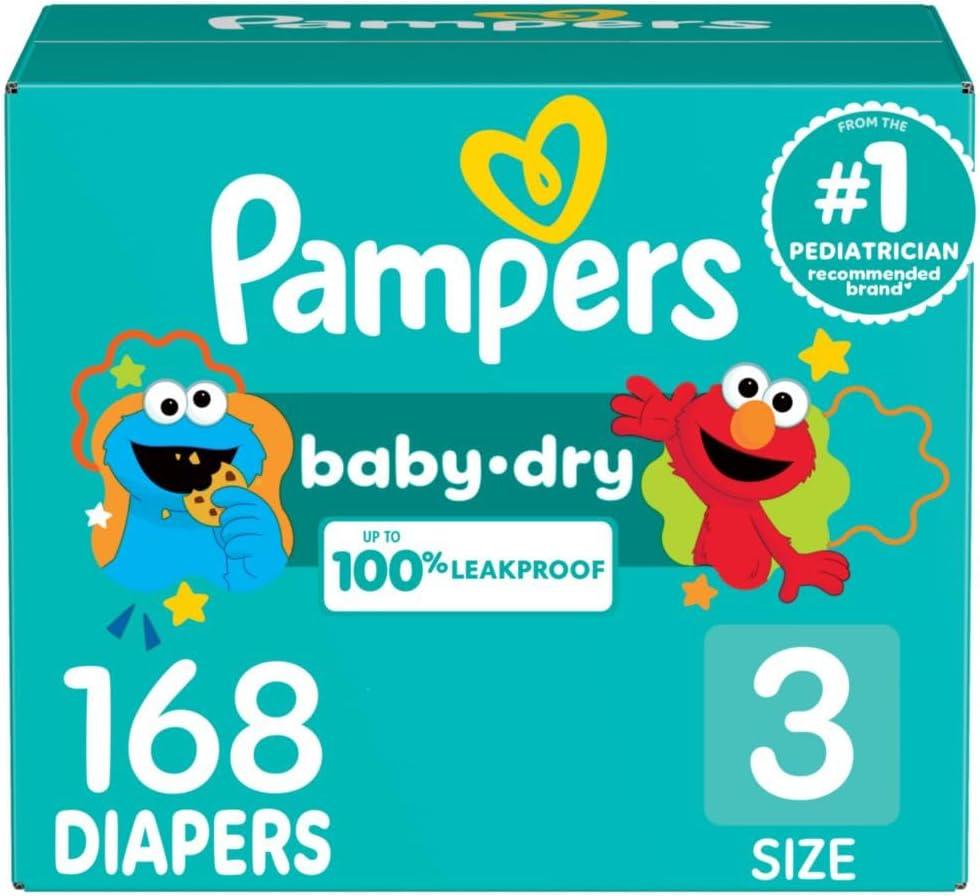 Pampers Diapers - Baby Dry - Size 3, 168 Count, Absorbent Disposable Infant Diaper (Packaging May Vary)