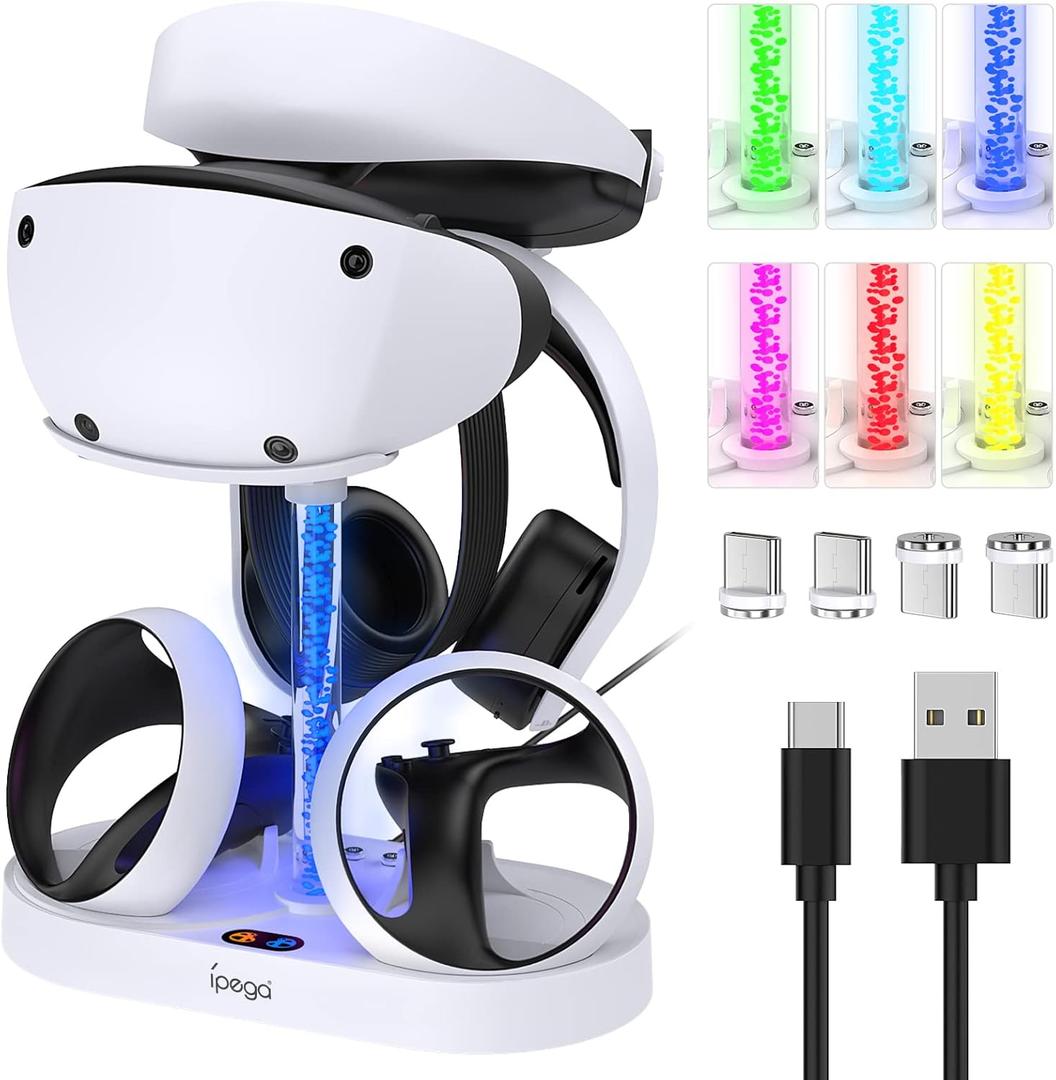 Charging Station for PS VR2 with RGB Light, GORIXER Vertical Charging Stand Dock Support for PSVR2 Headset Display Accessories for PlayStation VR2 with 4 Type-C Magnetic Adapters for Sense Controller