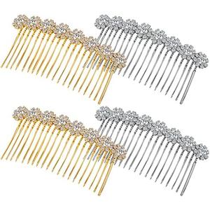 Geosar 4 Pieces Alloy Rhinestone Side Hair Combs Crystal Flower Clips Wedding Comb Bridal Jewelry Clips Combs French Hair Accessories for Women(Silver,Gold)
