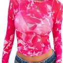 PRETTYGARDEN Women's Mesh Long Sleeve Spring Top 2026 Trendy Summer See Through Sheer Blouse Fitted Going Out Layering Shirts (Pink, L)