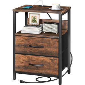 Yoobure Nightstand with Charging Station, Small Night Stand with Fabric Drawers and Storage Shelf for Bedrooms, Small Spaces, Bedside Table with USB Ports & Outlets (Vintage Brown)