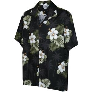 Pacific Legend Mens Floral Hibiscus and Palm Hawaiian Shirt (Large, Black W/ White Blossoms)