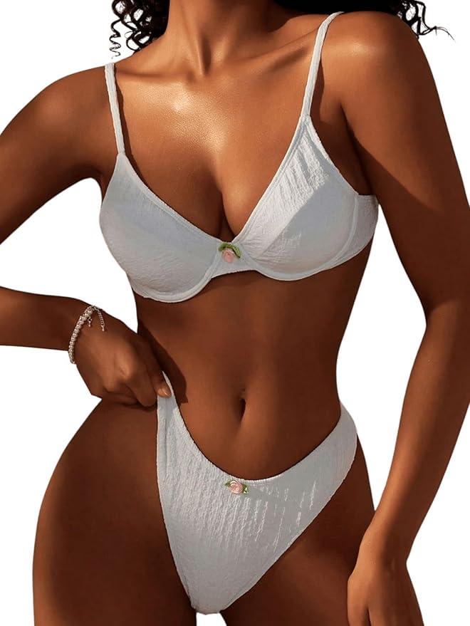MakeMeChic Women's 2 Piece Bikini Sets Push Up Swimsuit Cheeky High Cut Bathing Suit Swimwear White Medium, Size M