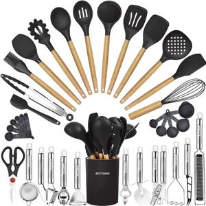 Cooking Utensils Set- 35 PCs Kitchen Utensils with Grater,Tongs, Spoon Spatula &Turner Made of Heat Resistant Food Grade Silicone and Wooden Handles Kitchen Gadgets Tools Set for Nonstick Cookware (Black)