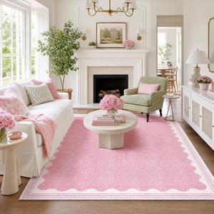 GarveeHome Scalloped Washable 8x10 Rugs for Living Room Non-Slip Solid Pink Modern Minimalism 8 x 10 Rug Low-Pile Carpet for Bedroom Dining Nursery Mat with Rubber Back