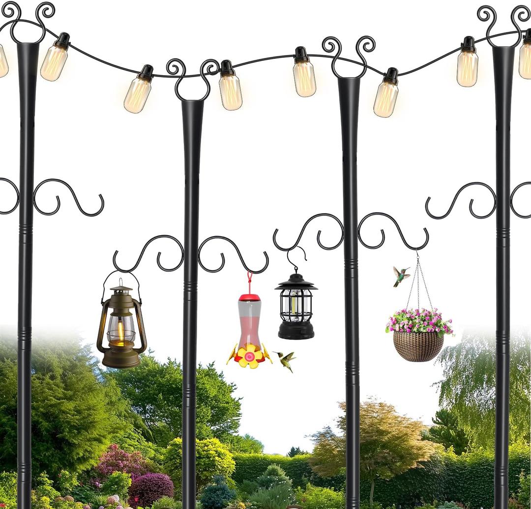 4 Pack Outdoor Patio Light Poles for String Lights, 10Ft Heavy Duty Metal String Light Poles with Shepherds Hooks for Hanging Plant & Bird Feeder, Deck Pole for Outdoor Strings Lights