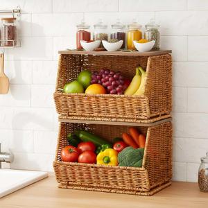 2 Tier Fruit Basket for Kitchen Counter Stackable Wall Mounted Hanging Basket Wicker Hanging Baskets with Wood Lid for Onion Fruit Vegetable Storage