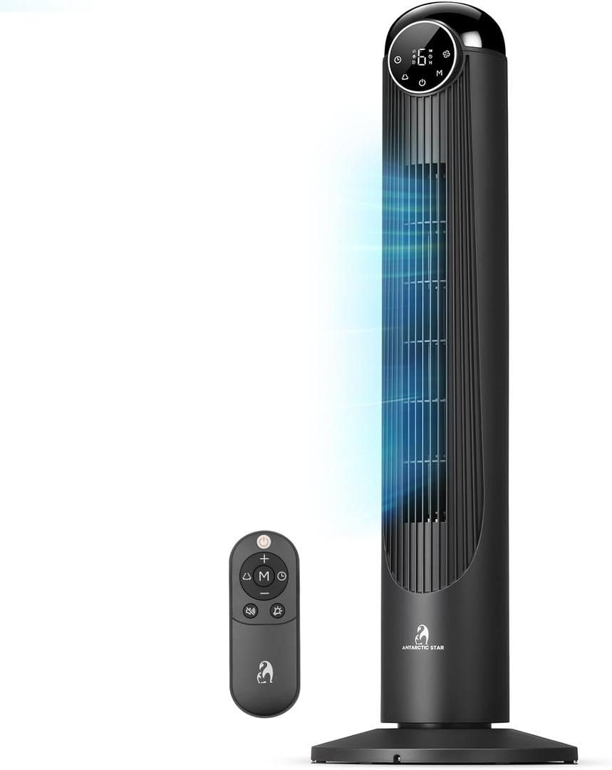 Antarctic Star T36 Tower Fan-36 Inch, Bladeless Oscillating Fan with Remote, 6 Speeds & 4 Modes, LED Display, 9H Timer, Quiet Floor Standing Fan for Bedroom Living Room Office, Black