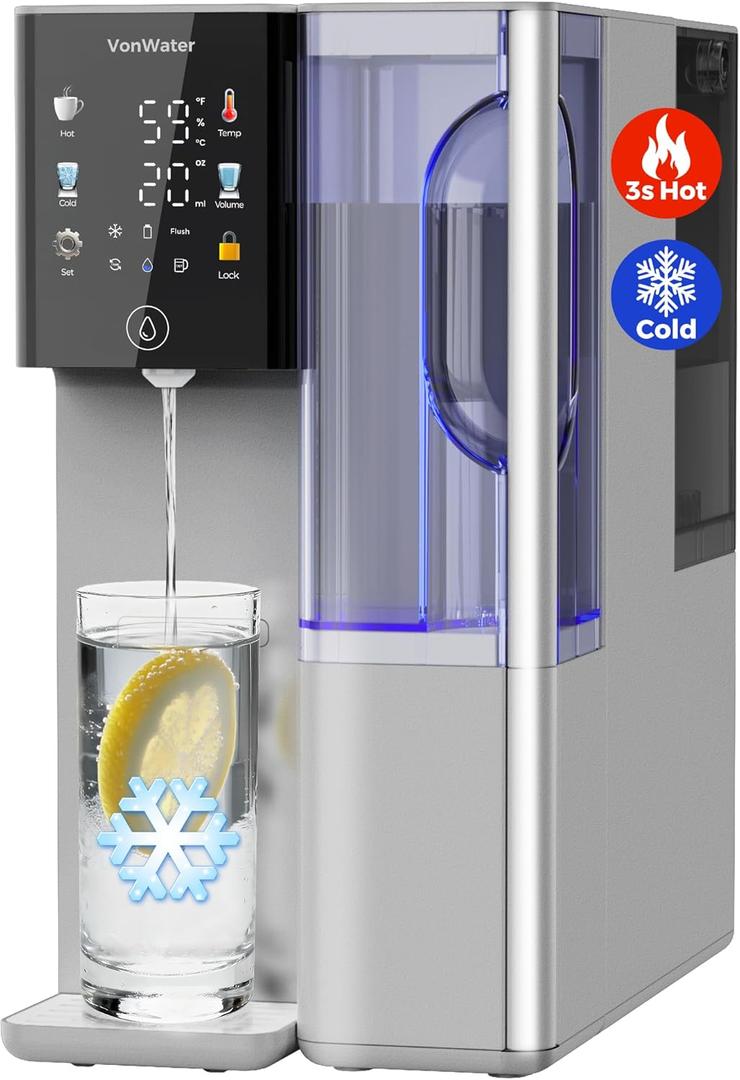 C5 Countertop Reverse Osmosis Water Filter, Hot and Cold RO System-3s Instant Hot, 6 Temp Settings 7-Stage RO Filtration Dispenser, NSF/ANSI372/42/58, Portable Pitcher, 3:1 Pure to Drain (Silver Gray)