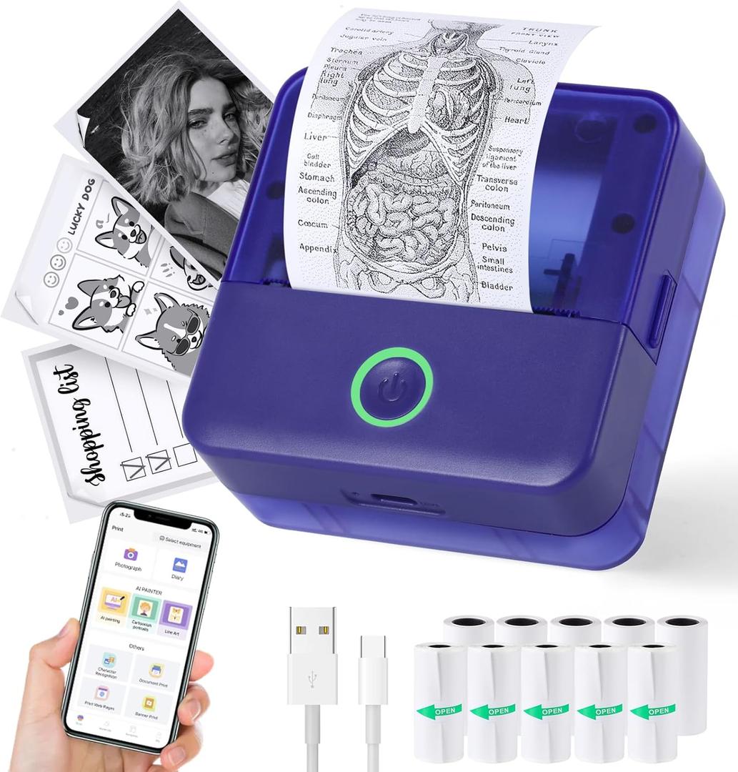 cudinham Print Pods Mini Printer, Sticker Printer with 10 Rolls Thermal Printing Paper, Inkless Pocket Printpod for Phone, Impresora Porttil for Notes, DIY, Compatible with iOS & Android (Purple)