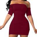 GOBLES Women's Summer Short Sleeve Sexy Bodycon Ruched Mini Party Dress (Winered), Size L