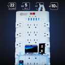 10Ft Extension Cord with Multiple Outlets, SUPERDANNY Surge Protector Power Strip (1875W/15A), 22 AC Outlets and 6 USB Charging Ports, Wall Mountable for Home, Office, Gaming Room, 2100 Joules, White