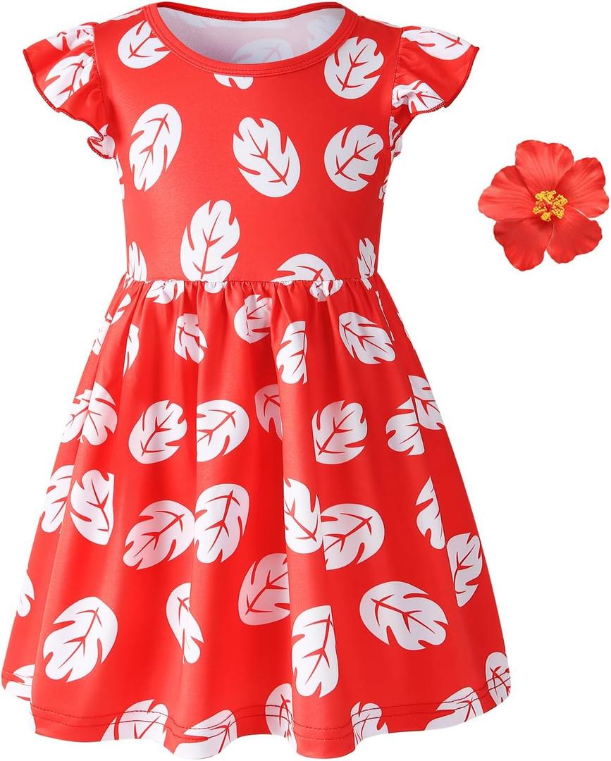 Little Girls Costume Dress with 4inch Hawaiian Red Flower Hair Clip Toddler Red Leaf Dress Halloween Cosplay Outfit (4-5 Years)