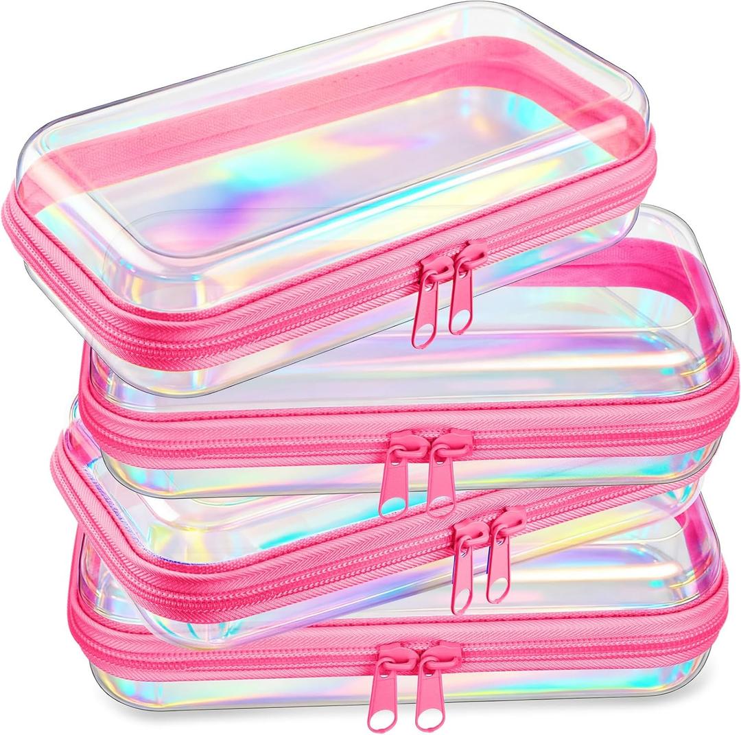 Hoolerry 4 Pcs Hard Clear Zipper Case Makeup Bags Plastic Zipper Pouch Transparent Storage Box Containers for Cosmetics, Snacks, Building Blocks, Puzzles(Clear,7.5 x 3.9 x 2 in,Pink Laser)