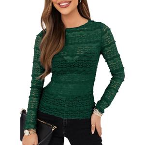 Essrite Womens Slim Fit Lace Mesh Top Crew Neck Long Sleeve See Through Shirt Blouses Tops Fall Outfits 2026 (Green)