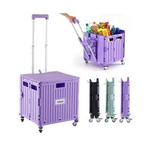 Folding Utility Cart Portable Rolling Crate Handcart Shopping Trolley Collapsible Tool Box, with Lid, Basket on 4 Rotate Wheels, for Grocery, Shopping, Office, Storage, Teacher (Purple)