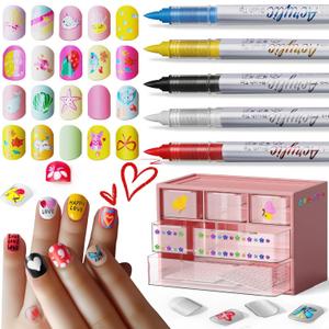 Nail Art Pens Set, DIY Kids Nail Art Kits with Nail Accessories 3D Press-On Nail, Clear Fake Nail Tips, DIY Sticker Nail Drawing Painting Pen for Salon Toys Gifts Toys for Girls (Pink)