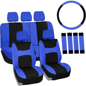 FH Group Full Set Cloth Car Seat Covers , Universal Fit Combo Set with Steering Wheel Cover and Seat Belt Pad for Cars, SUVs and Trucks, Blue