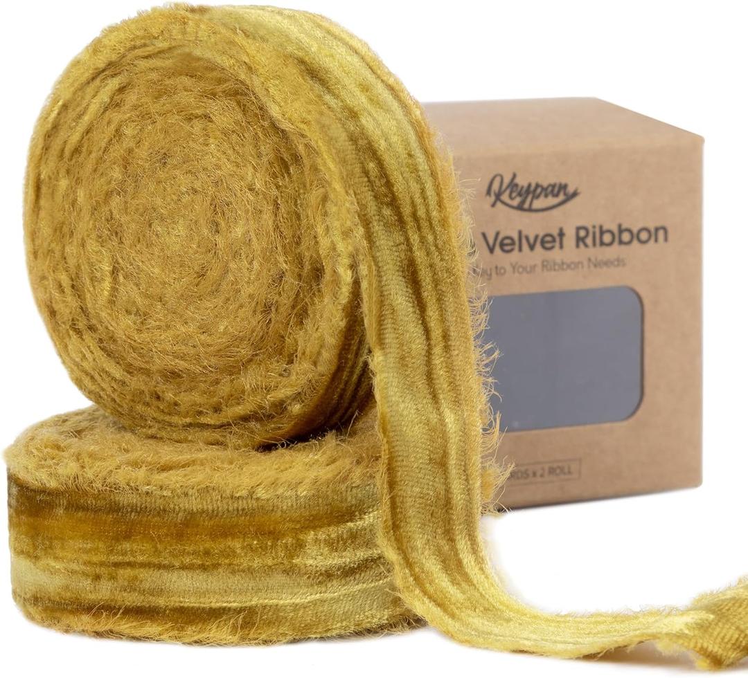 Gold Velvet Ribbon 1 Inch x 6 Yd Crinkled Handmade Frayed Vintage Ribbons for Christmas Gift Wrapping Tree Home Decor Wreath Craft Ornaments