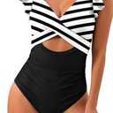 LOSD Women's Ruffled One Piece Swimsuits, V Neck Tummy Control Cutout High Waisted Bathing Suit, Slimming Tummy Control (Medium, Black White Stripes)
