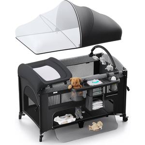 4 in 1 Baby Bassinet, Pack and Play, Bedside Crib Sleeper, Diaper Changer - Comes with Mattress, Mosquito Net，Bottom Storage and Toy Bar for Newborn to Toddles