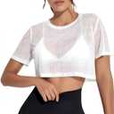 Remidoo Womens Sheer Crop Top Mesh Tee Crewneck Loose Short Sleeve Cropped T Shirt White X-Large