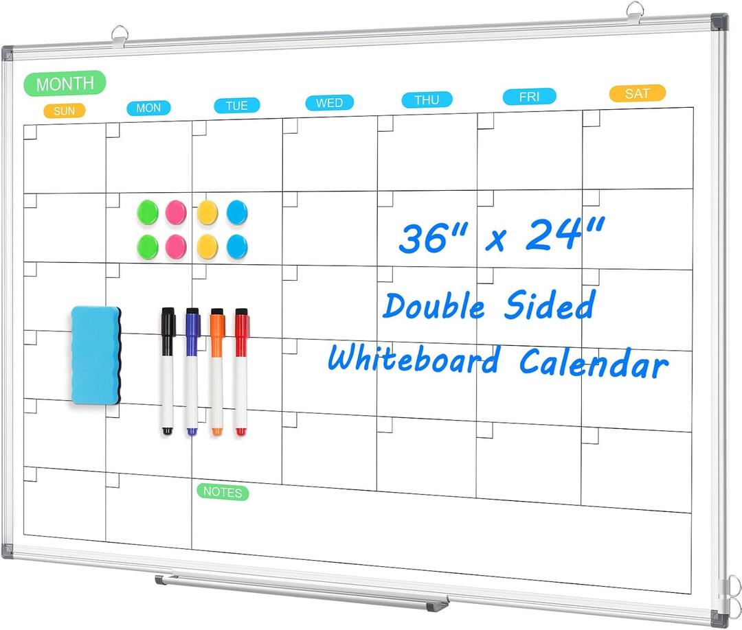 Dry Erase Board Calendar for Wall, 36" x 24" Magnetic Whiteboard Calendar, Monthly Calendar Whiteboard for Wall, Double-Sided Hanging Aluminum Frame White Board for Home, School, Office