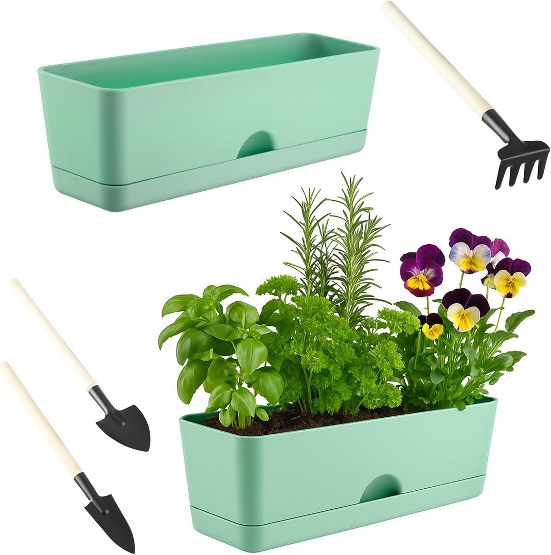 2-Pack Small Window Boxes Planters 16 Inch Rectangle Plant Box Rectangular Planter for Outdoor and Indoor Plants Plastic Windowsill Planter for Herbs Vegetable Flowers Long Window Sill Planters