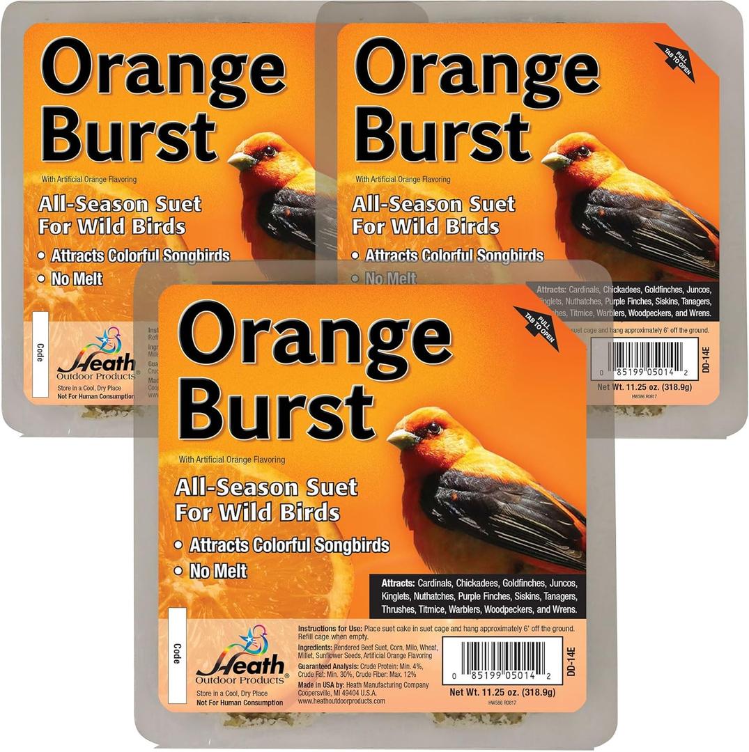 Heath Outdoor Products Orange Burst Suet Cakes Sample Pack, Contains 3 Suet Cakes, Try It, Your Birds Will Love it, for Woodpeckers, Cardinals, Siskins, Sparrows, Finchs & Many More Wild Bird Species