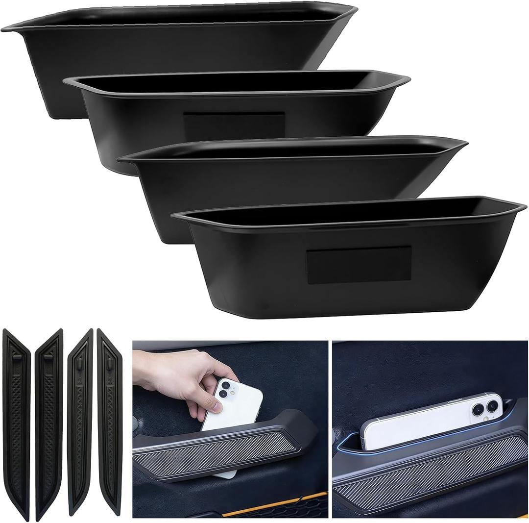 4PCS Door Storage Box Organizer for Ford Bronco 2021 2022 2023 2024 2025 2026, ABS Plastic Handle Pocket with Anti-Slip Mat - Black (Not for Sport/2 Door)
