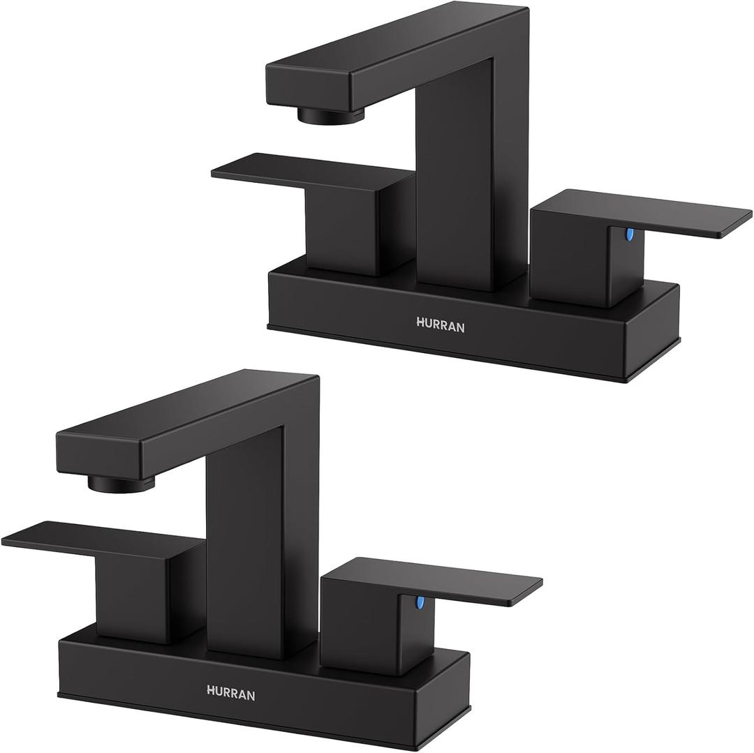 Matte Black Bathroom Sink Faucet, Hurran 4 inch Bathroom Faucets for Sink 3 Hole with Pop-up Drain and Supply Lines, Stainless Steel 2-Handle Faucet for Vanity RV Restroom, 2 Pack