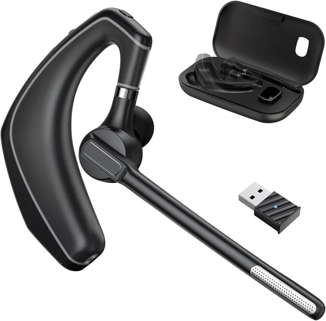 Wireless Bluetooth Headset for Work With Built-in Microphone 500mAh Charging Case USB Dongle Call Noise Canceling Mic for PC Computer, Laptop, Cell Phones, Remote Work, Call Center, Trucker Work