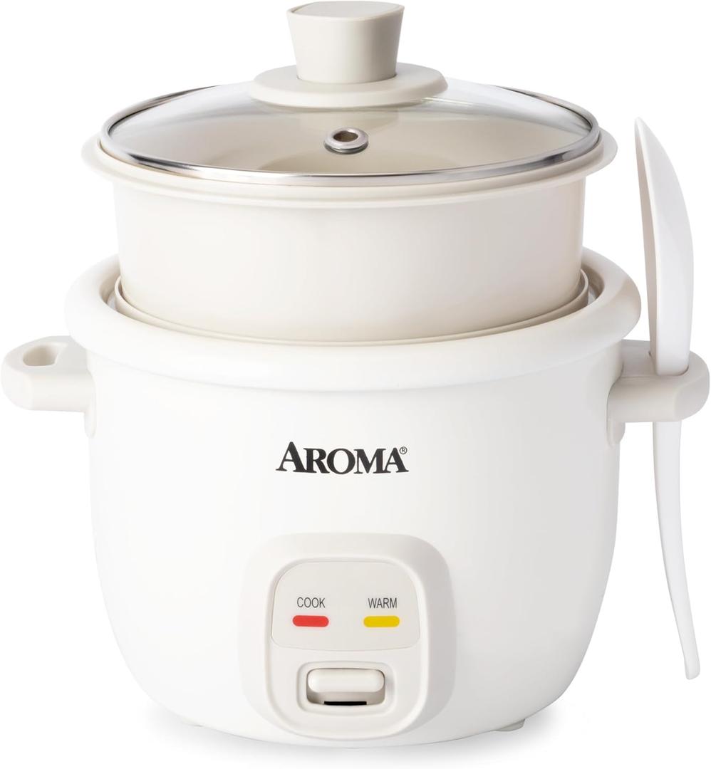 AROMA CoreCoat Rice Cooker with Pop-Up Food Steaming Basket (4 Cups Cooked, 2 Cups Uncooked, 1 Qt) (White)