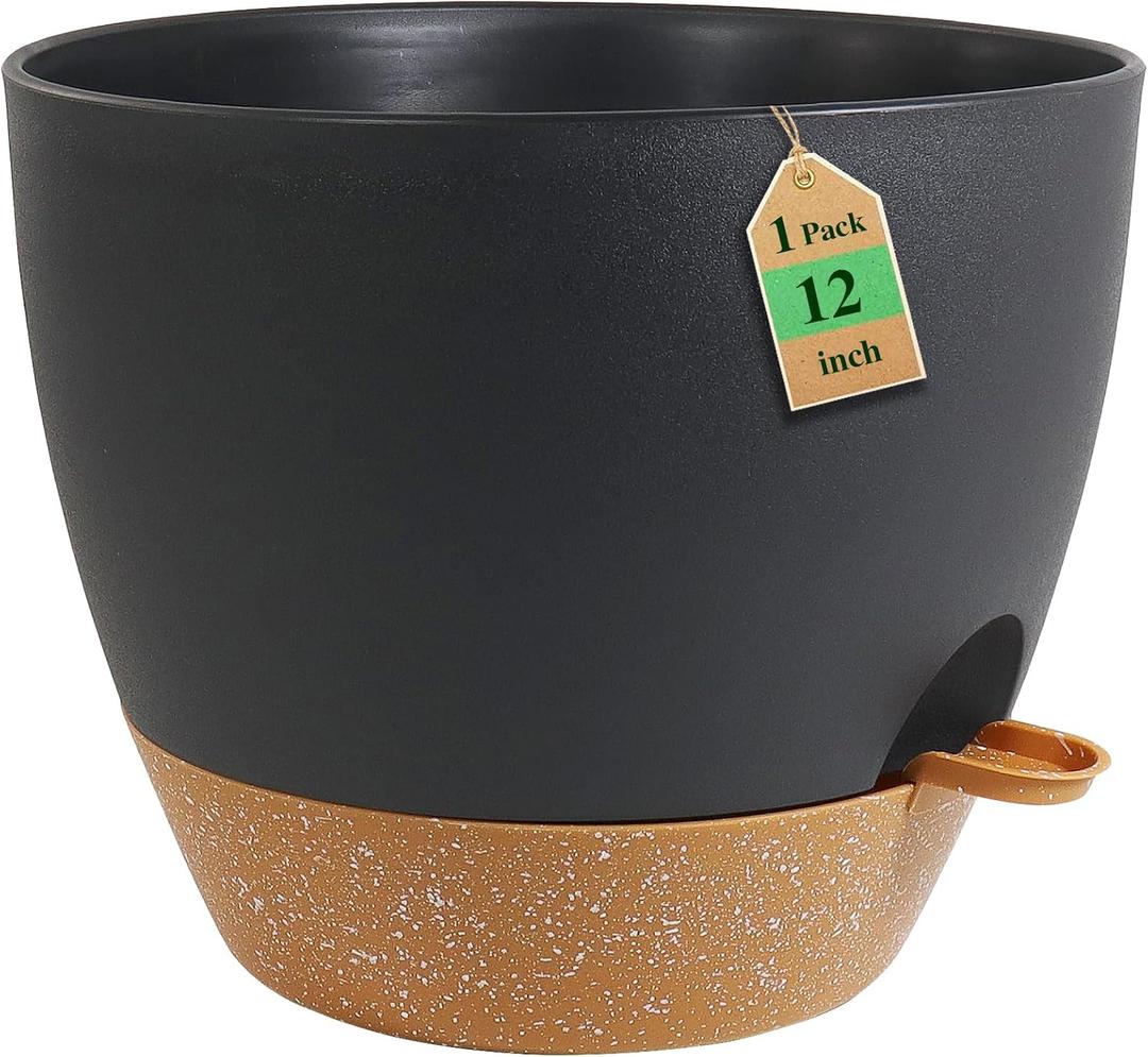 WSMKSZ 12 inch Large Self Watering Pots, Flower Plant Pots with Drainage Holes for Indoor Outdoor Garden Plants, Plastic Planters with Removable Deep Reservoir, Black with Brown, 12inch 1pcs